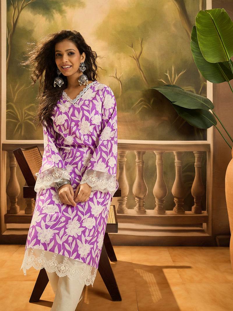 Stylum Women's Purple Floral Printed Cotton Straight Kurta (PURPLEGALI)