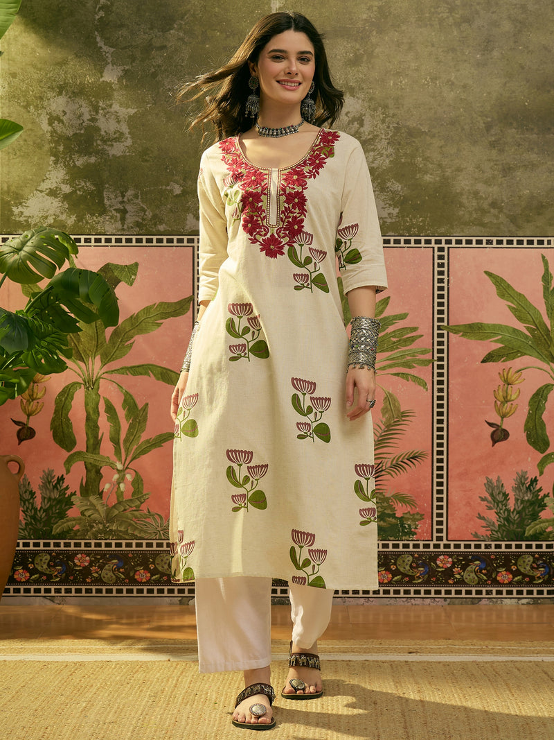 Stylum Women's Red Floral Printed & Embroidered Cotton Straght Kurta (REDDLUXE)