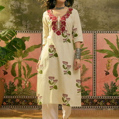 Stylum Women's Red Floral Printed & Embroidered Cotton Straght Kurta (REDDLUXE)