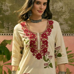 Stylum Women's Red Floral Printed & Embroidered Cotton Straght Kurta (REDDLUXE)