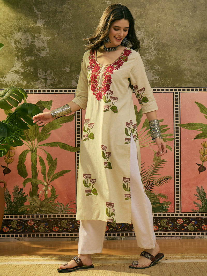Stylum Women's Red Floral Printed & Embroidered Cotton Straght Kurta (REDDLUXE)