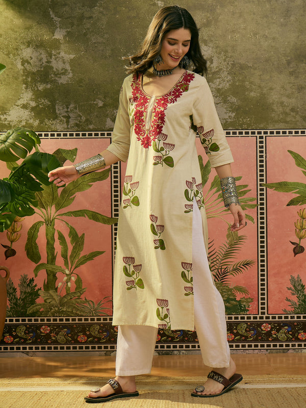 Stylum Women's Red Floral Printed & Embroidered Cotton Straght Kurta (REDDLUXE)