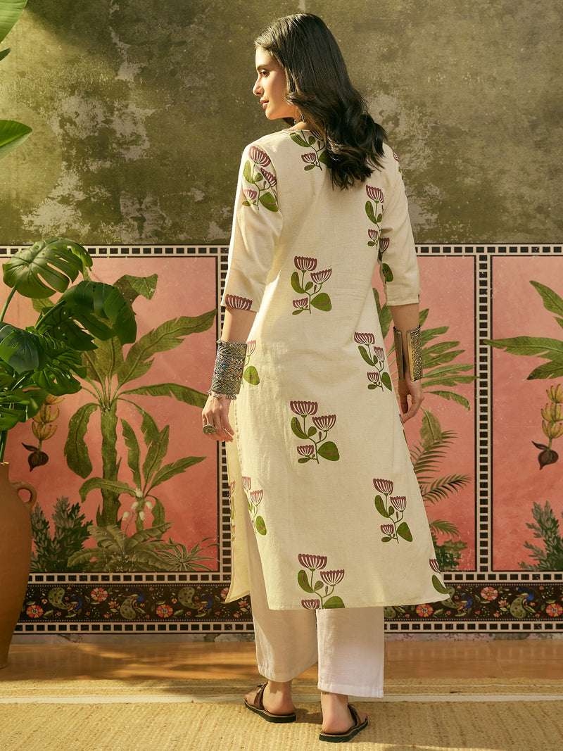 Stylum Women's Red Floral Printed & Embroidered Cotton Straght Kurta (REDDLUXE)