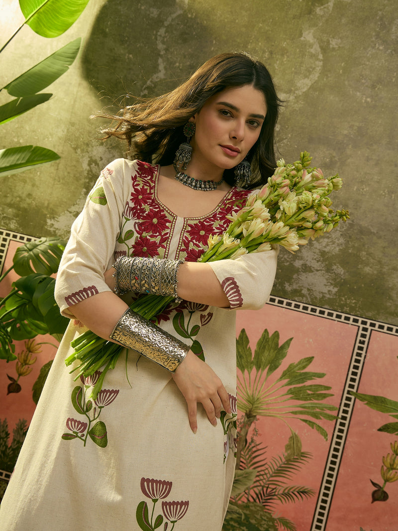 Stylum Women's Red Floral Printed & Embroidered Cotton Straght Kurta (REDDLUXE)