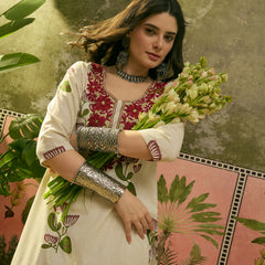 Stylum Women's Red Floral Printed & Embroidered Cotton Straght Kurta (REDDLUXE)