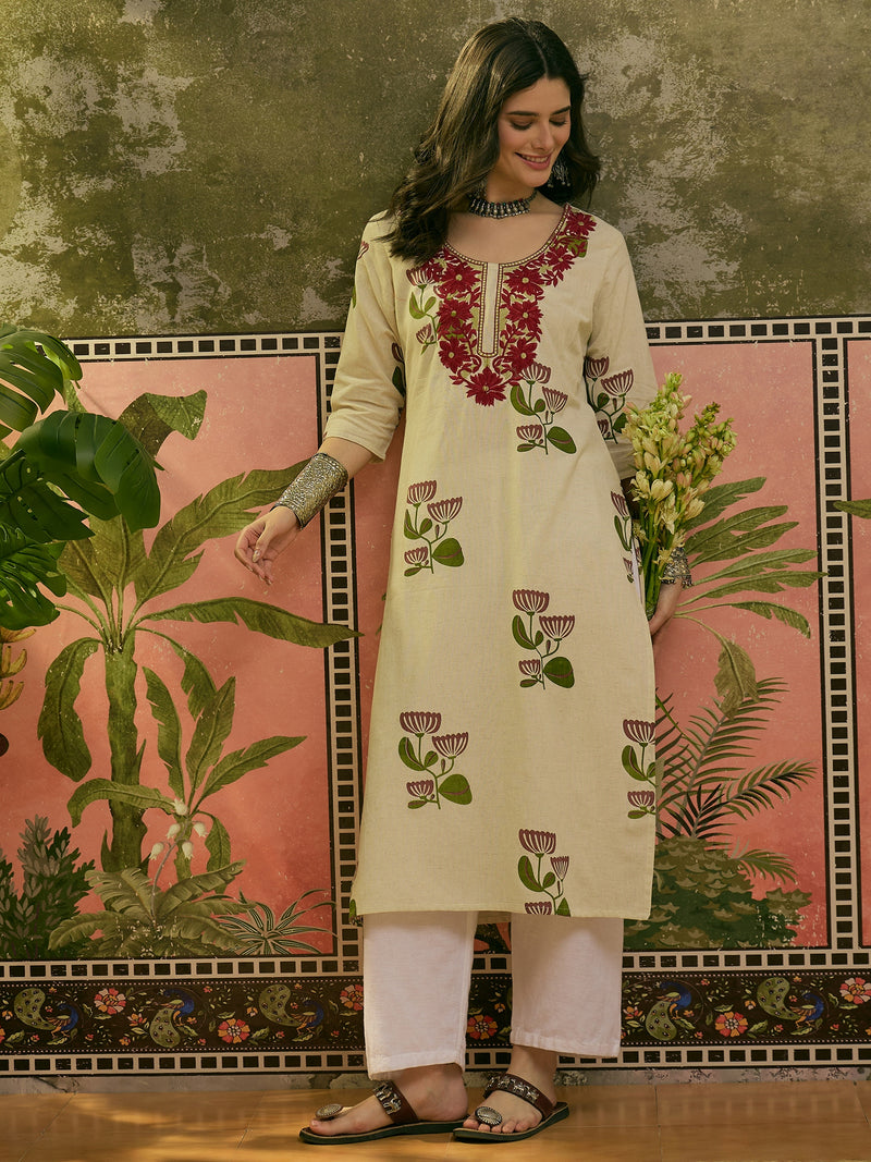 Stylum Women's Red Floral Printed & Embroidered Cotton Straght Kurta (REDDLUXE)