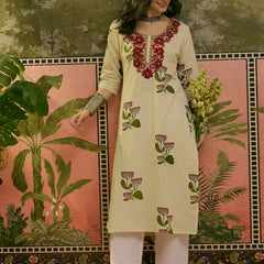 Stylum Women's Red Floral Printed & Embroidered Cotton Straght Kurta (REDDLUXE)