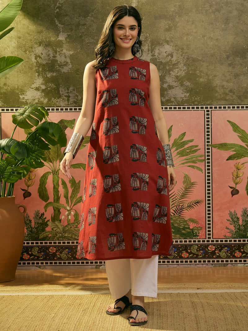Stylum Women's Rust Block Printed Rayon Straight Kurta (RUSTMACAU)