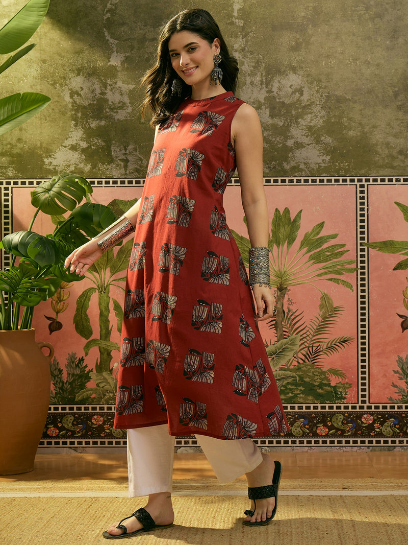 Stylum Women's Rust Block Printed Rayon Straight Kurta (RUSTMACAU)