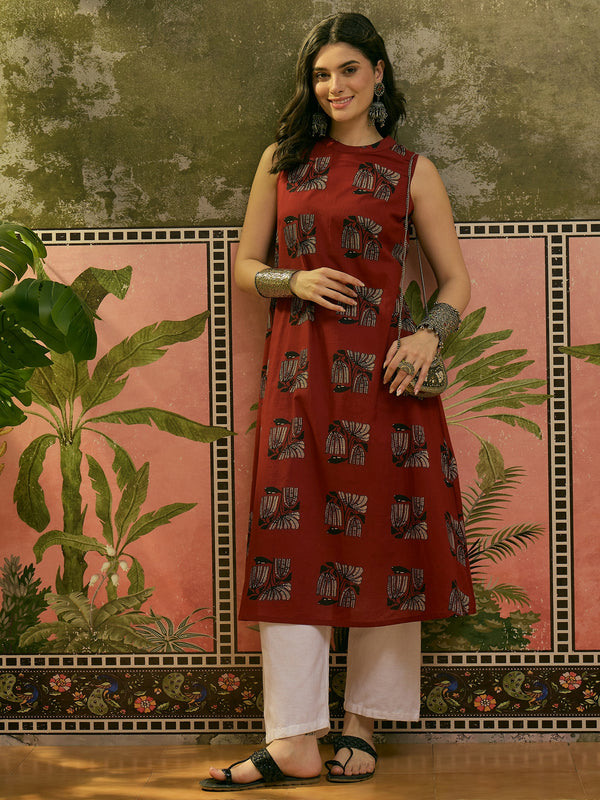 Stylum Women's Rust Block Printed Rayon Straight Kurta (RUSTMACAU)