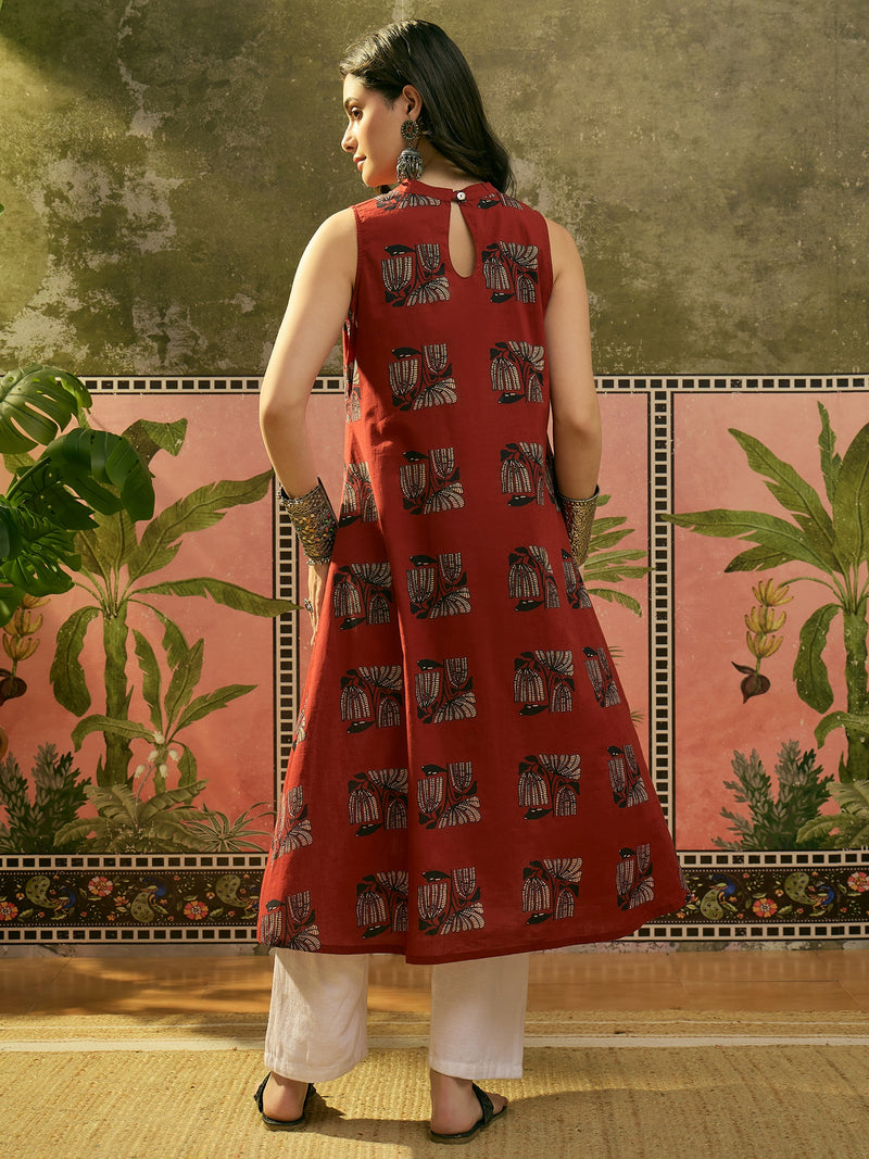 Stylum Women's Rust Block Printed Rayon Straight Kurta (RUSTMACAU)