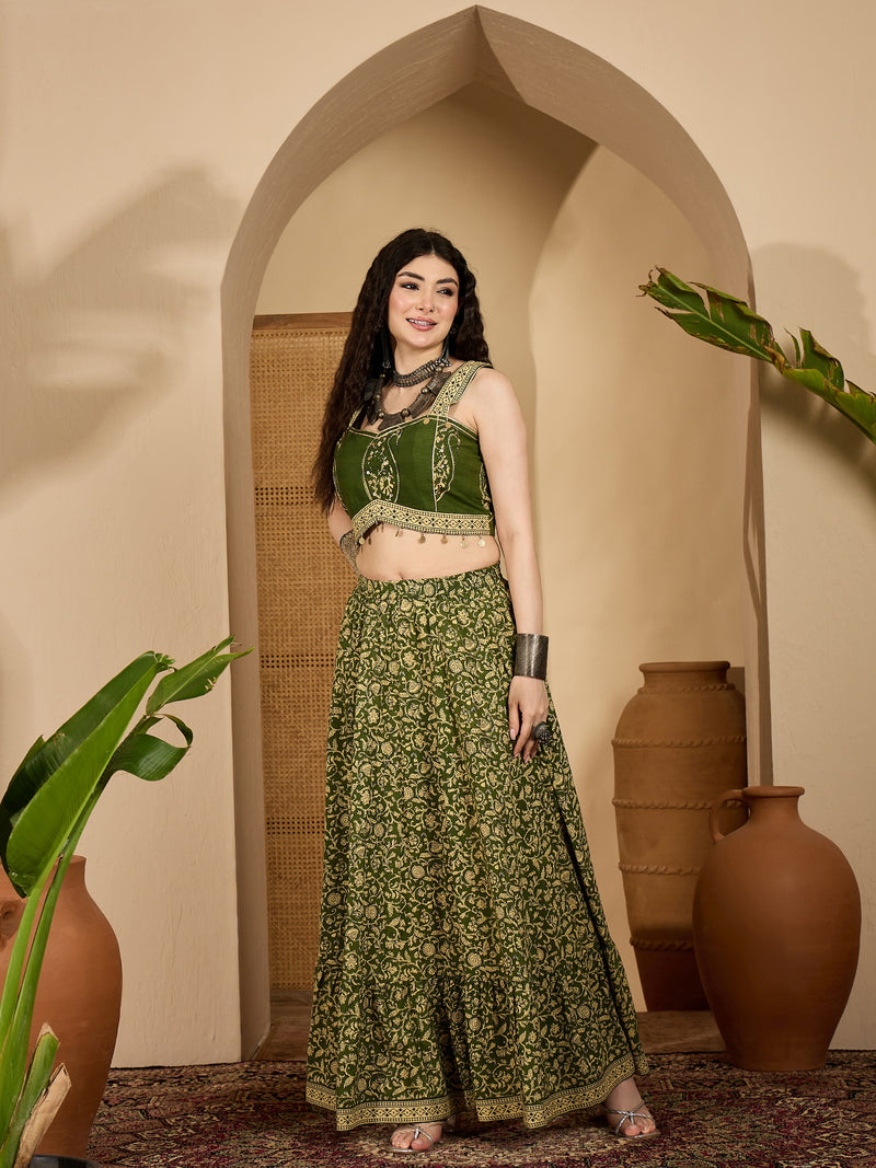 Stylum Women's Green Ethnic Printed Cotton Crop Top With Skirt (STGREENSARAS)