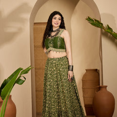 Stylum Women's Green Ethnic Printed Cotton Crop Top With Skirt (STGREENSARAS)