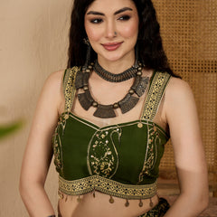 Stylum Women's Green Ethnic Printed Cotton Crop Top With Skirt (STGREENSARAS)