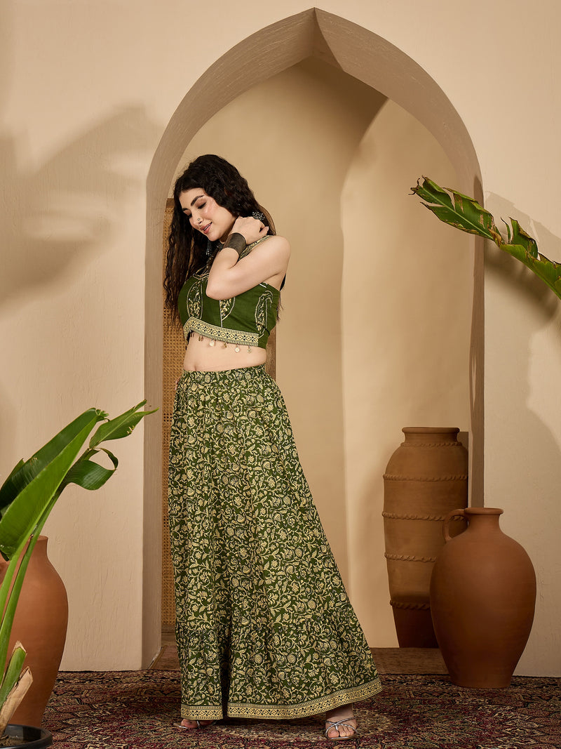 Stylum Women's Green Ethnic Printed Cotton Crop Top With Skirt (STGREENSARAS)