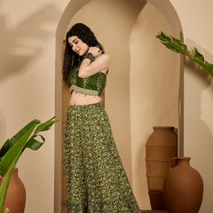 Stylum Women's Green Ethnic Printed Cotton Crop Top With Skirt (STGREENSARAS)