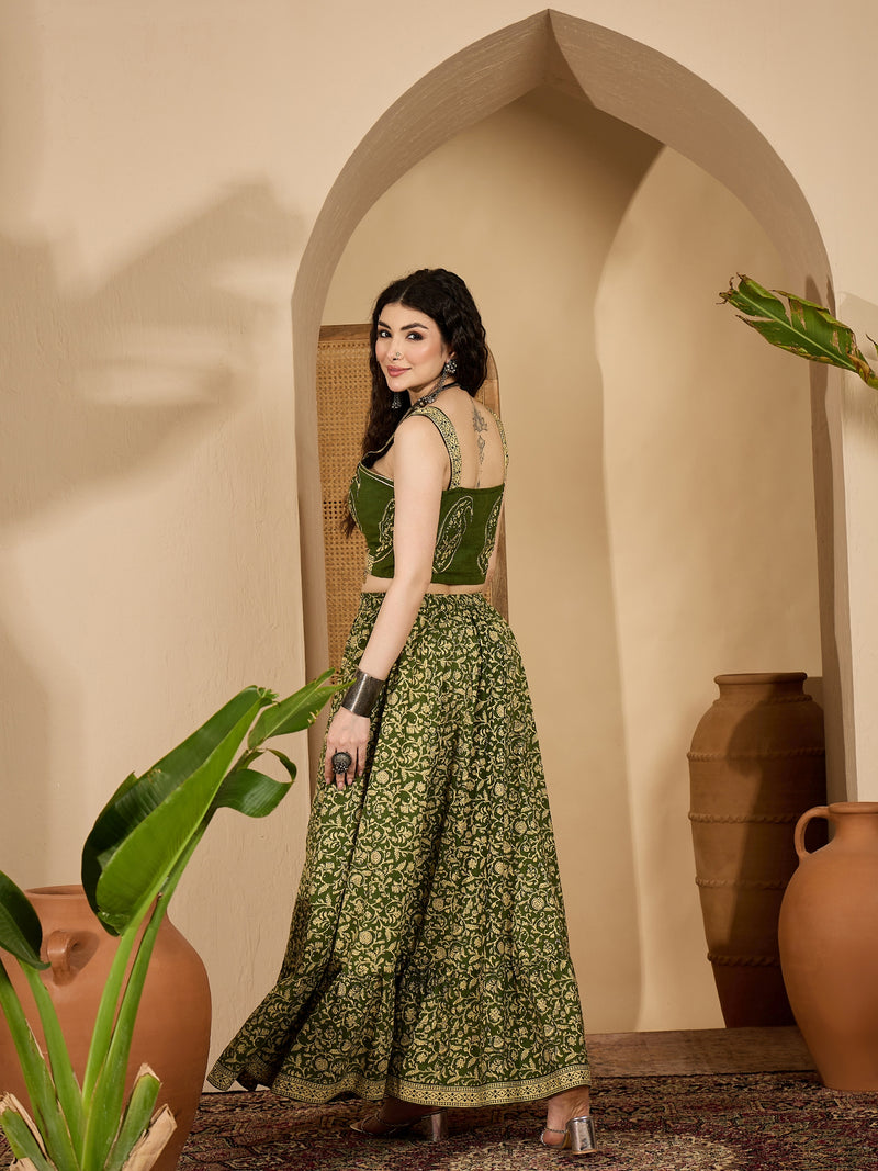 Stylum Women's Green Ethnic Printed Cotton Crop Top With Skirt (STGREENSARAS)