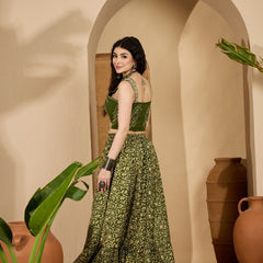 Stylum Women's Green Ethnic Printed Cotton Crop Top With Skirt (STGREENSARAS)