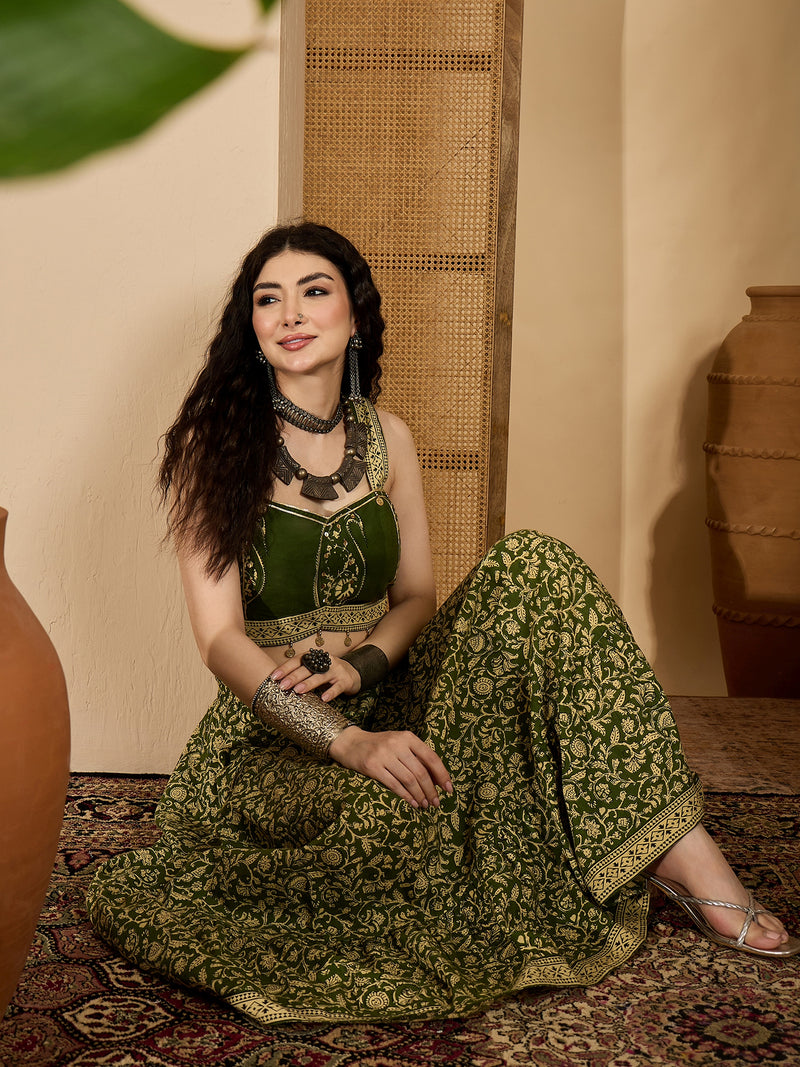 Stylum Women's Green Ethnic Printed Cotton Crop Top With Skirt (STGREENSARAS)