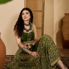 Stylum Women's Green Ethnic Printed Cotton Crop Top With Skirt (STGREENSARAS)
