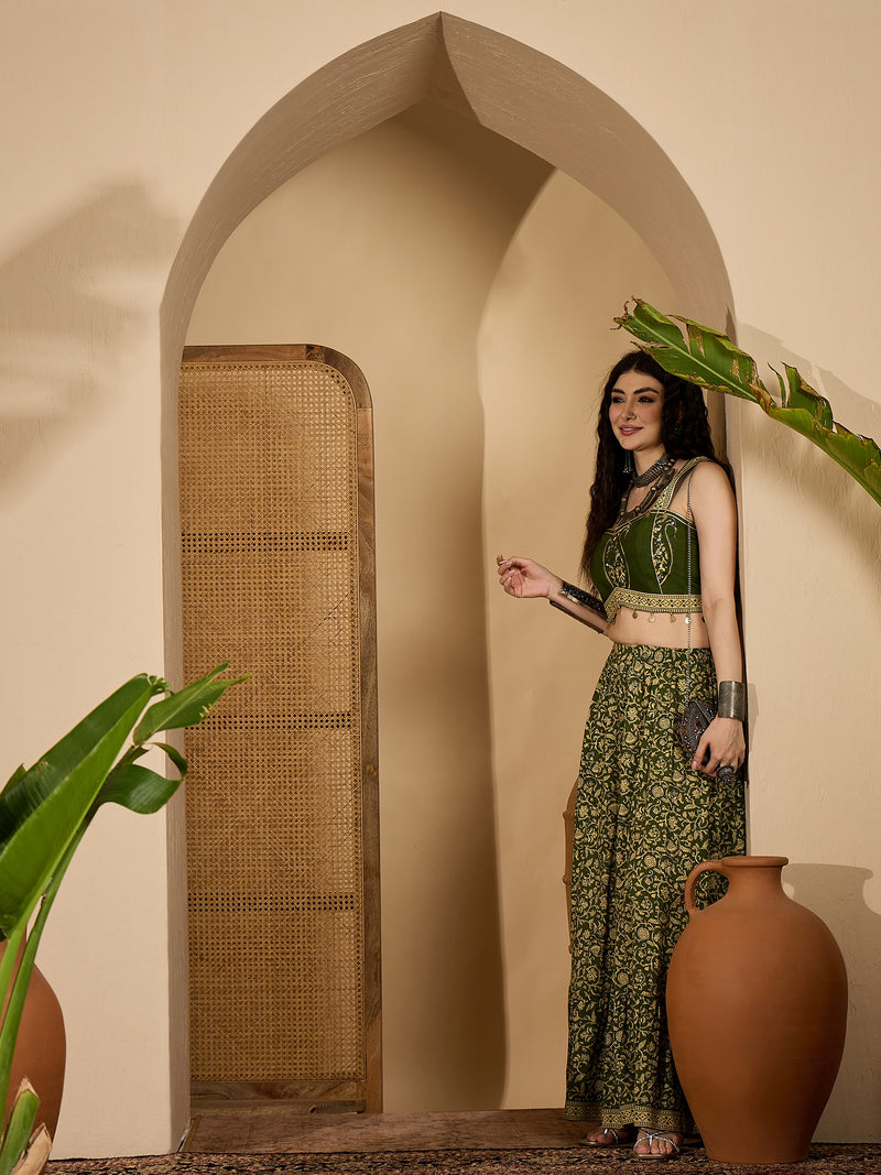 Stylum Women's Green Ethnic Printed Cotton Crop Top With Skirt (STGREENSARAS)