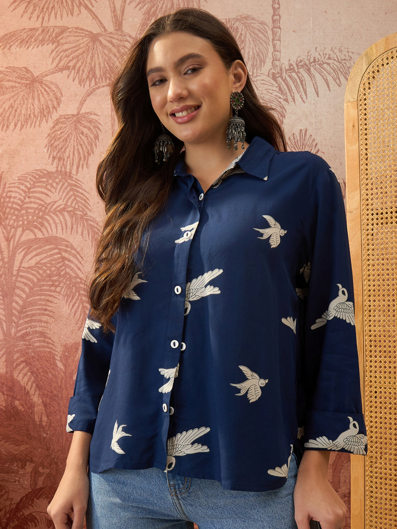 Stylum Women's Blue Printed Rayon High-Low Shirt (TOPBLUESAUNF)