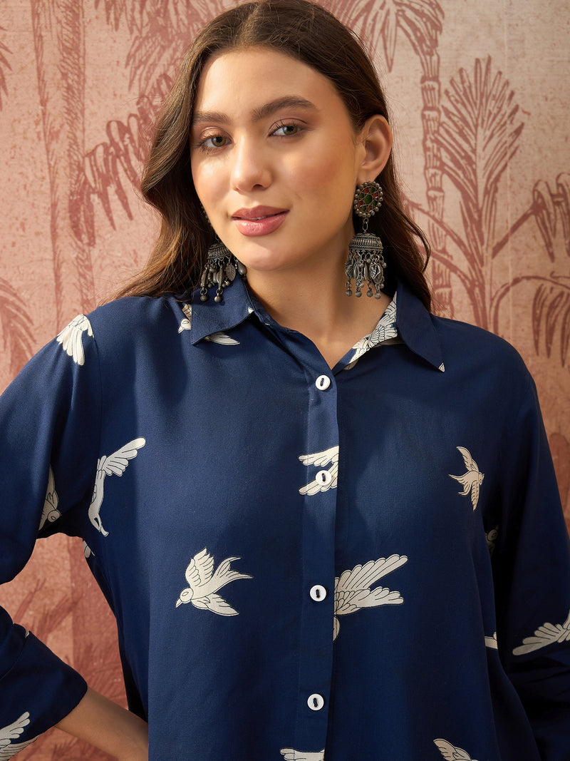 Stylum Women's Blue Printed Rayon High-Low Shirt (TOPBLUESAUNF)