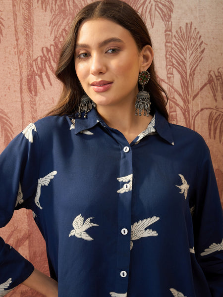 Stylum Women's Blue Printed Rayon High-Low Shirt (TOPBLUESAUNF)