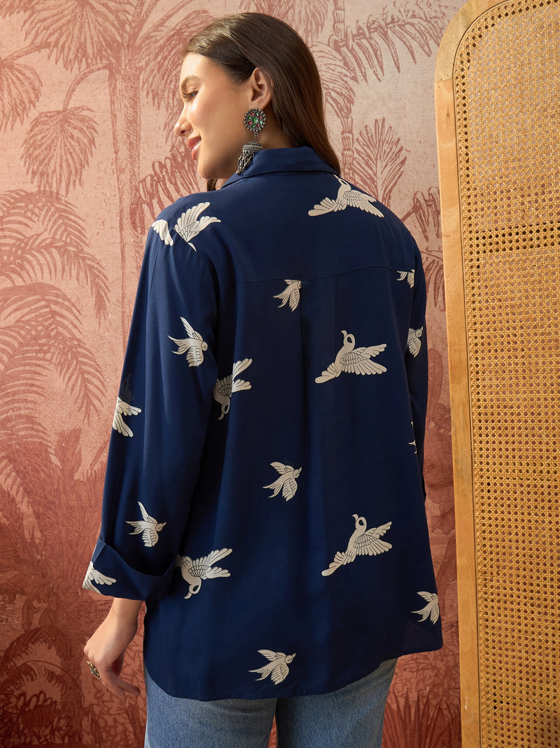 Stylum Women's Blue Printed Rayon High-Low Shirt (TOPBLUESAUNF)