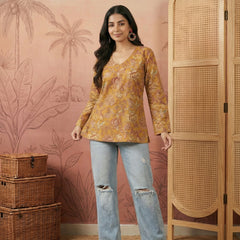 Stylum Women's Mustard Floral Printed Cotton Straight Top (TOPMUSTKRISH)