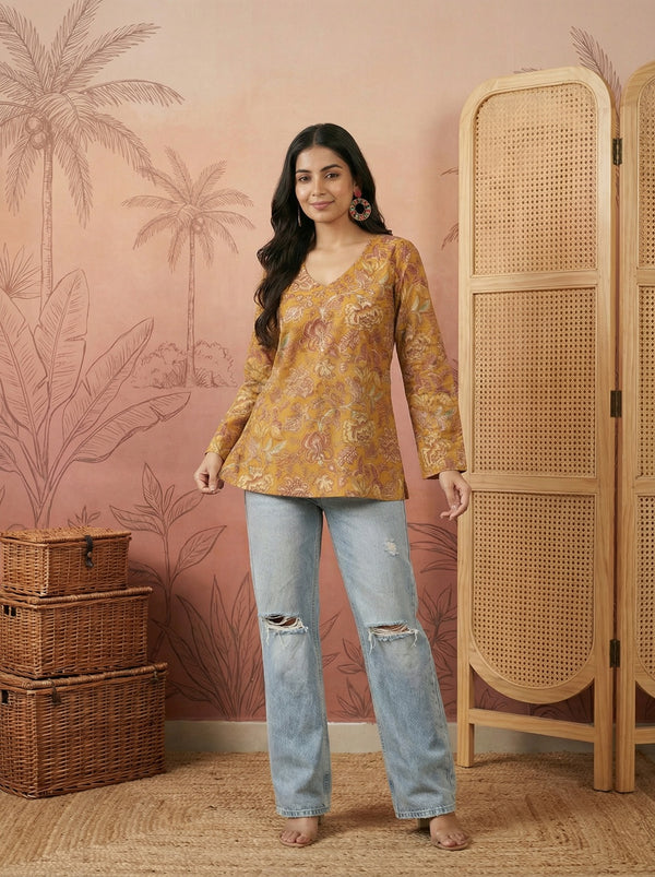 Stylum Women's Mustard Floral Printed Cotton Straight Top (TOPMUSTKRISH)