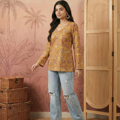 Stylum Women's Mustard Floral Printed Cotton Straight Top (TOPMUSTKRISH)