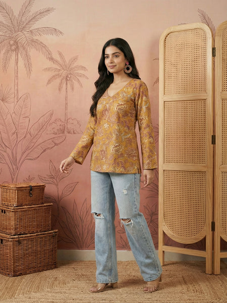 Stylum Women's Mustard Floral Printed Cotton Straight Top (TOPMUSTKRISH)