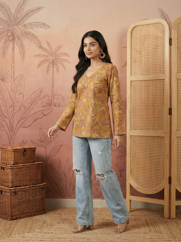 Stylum Women's Mustard Floral Printed Cotton Straight Top (TOPMUSTKRISH)