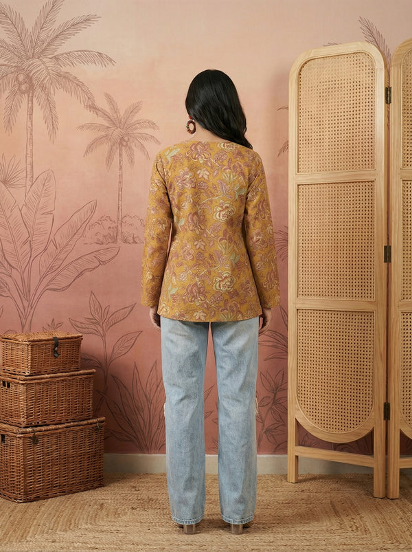 Stylum Women's Mustard Floral Printed Cotton Straight Top (TOPMUSTKRISH)