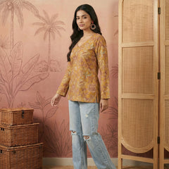 Stylum Women's Mustard Floral Printed Cotton Straight Top (TOPMUSTKRISH)