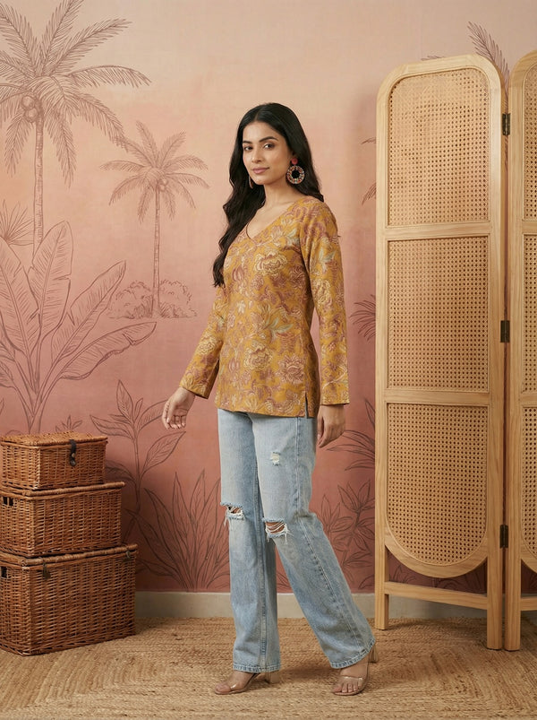 Stylum Women's Mustard Floral Printed Cotton Straight Top (TOPMUSTKRISH)