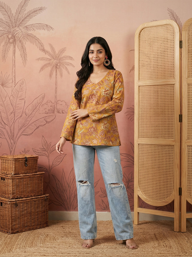 Stylum Women's Mustard Floral Printed Cotton Straight Top (TOPMUSTKRISH)