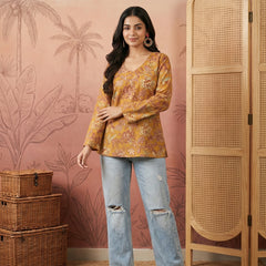 Stylum Women's Mustard Floral Printed Cotton Straight Top (TOPMUSTKRISH)