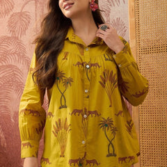 Stylum Women's Yellow Palm Tree Printed Cotton Shirt (TOPYELLOWKARA)