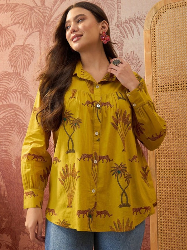 Stylum Women's Yellow Palm Tree Printed Cotton Shirt (TOPYELLOWKARA)