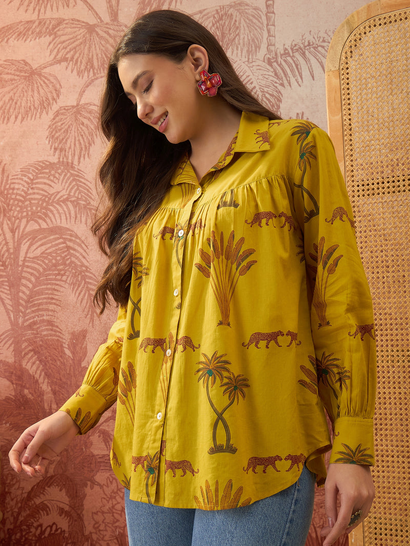 Stylum Women's Yellow Palm Tree Printed Cotton Shirt (TOPYELLOWKARA)