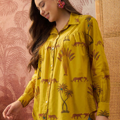 Stylum Women's Yellow Palm Tree Printed Cotton Shirt (TOPYELLOWKARA)