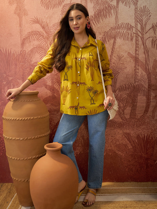 Stylum Women's Yellow Palm Tree Printed Cotton Shirt (TOPYELLOWKARA)