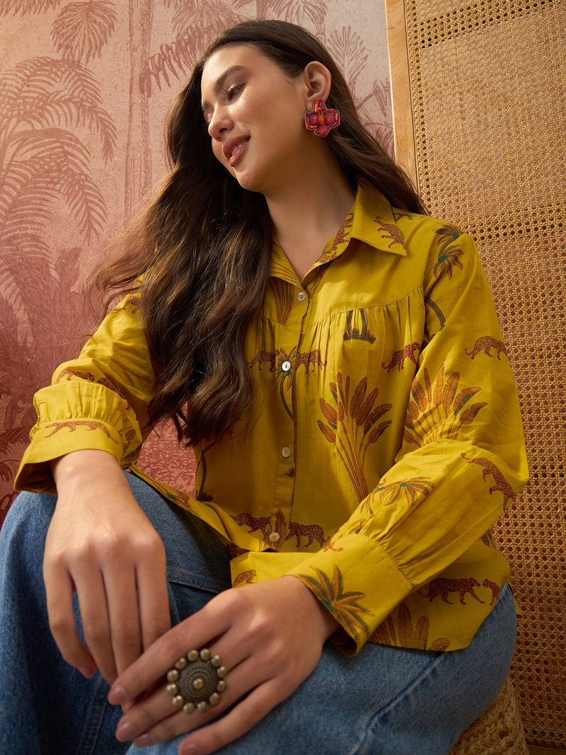 Stylum Women's Yellow Palm Tree Printed Cotton Shirt (TOPYELLOWKARA)