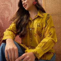 Stylum Women's Yellow Palm Tree Printed Cotton Shirt (TOPYELLOWKARA)