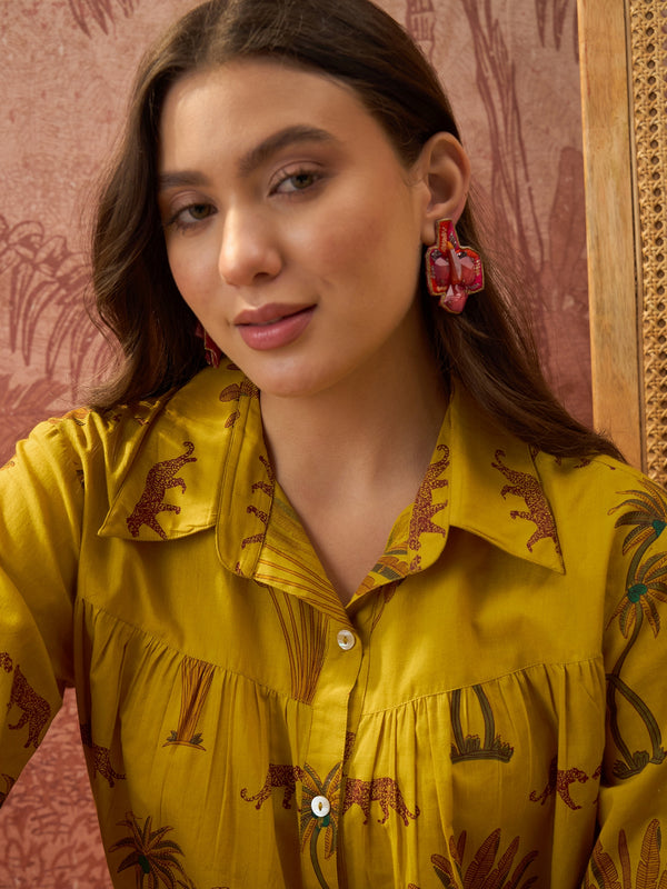Stylum Women's Yellow Palm Tree Printed Cotton Shirt (TOPYELLOWKARA)