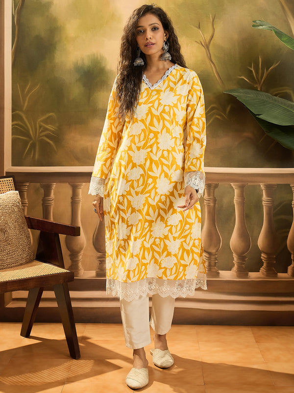 Stylum Women's Yellow Floral Printed Cotton Straight Kurta (YELLOWGALI)