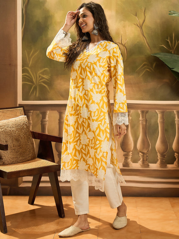 Stylum Women's Yellow Floral Printed Cotton Straight Kurta (YELLOWGALI)