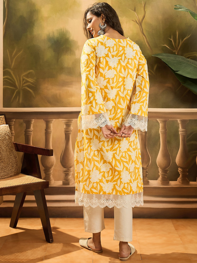 Stylum Women's Yellow Floral Printed Cotton Straight Kurta (YELLOWGALI)